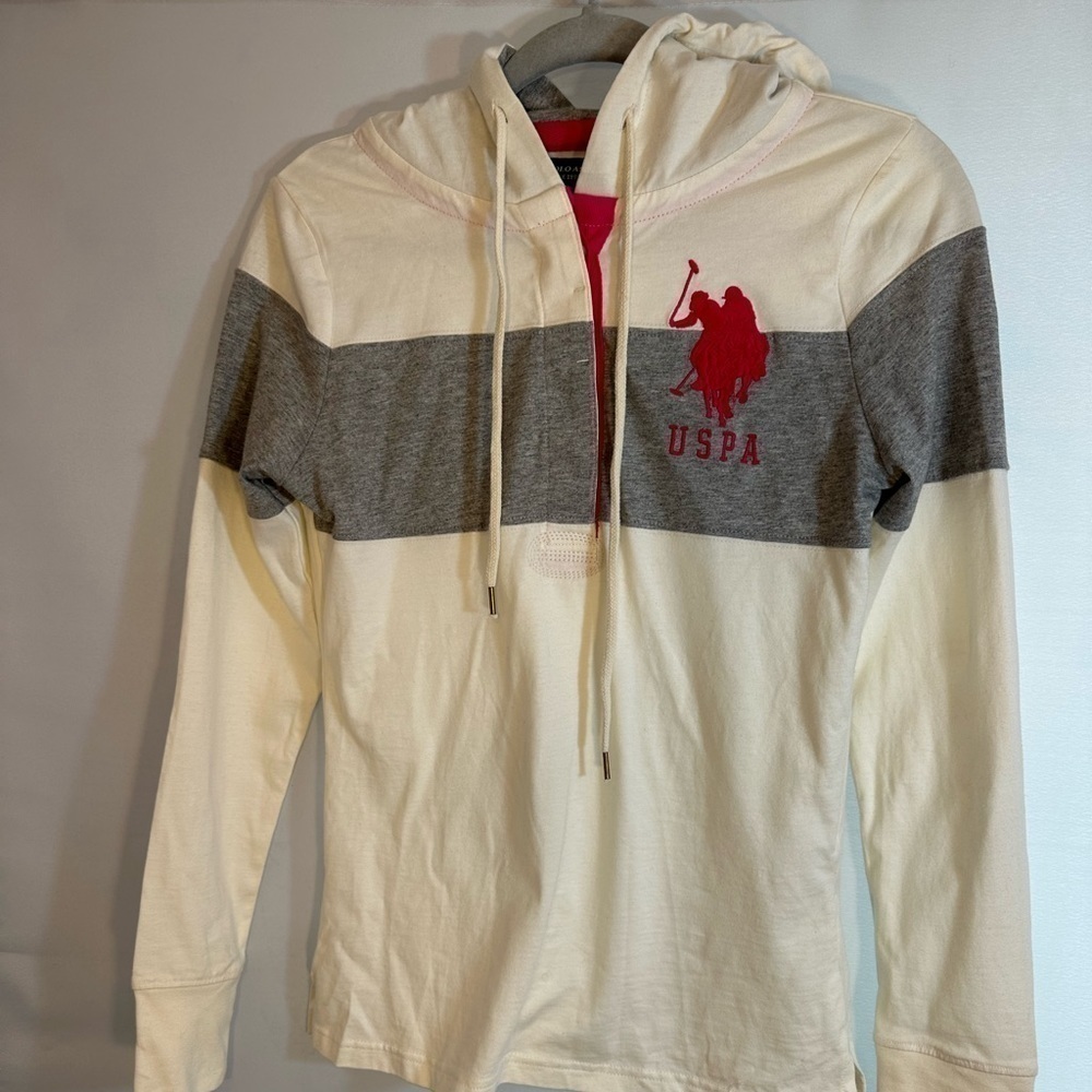 U.S. POLO ASSN Womens Size M Big Pony Long Sleeve Hoodie Sweatshirt Cream Gray